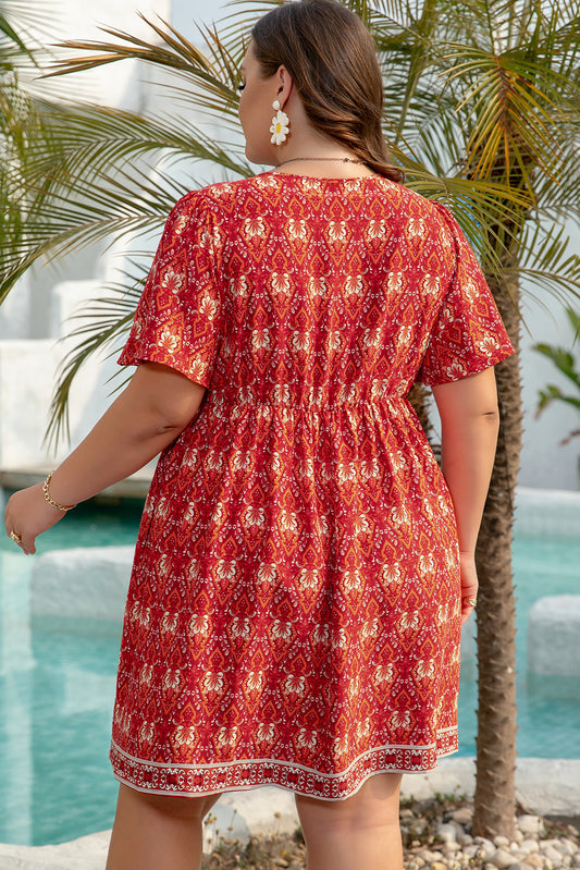Orange Plus Size Printed Surplice Neck Empire Waist Flowy Mini Dress Plus Size Mini Dresses JT's Designer Fashion