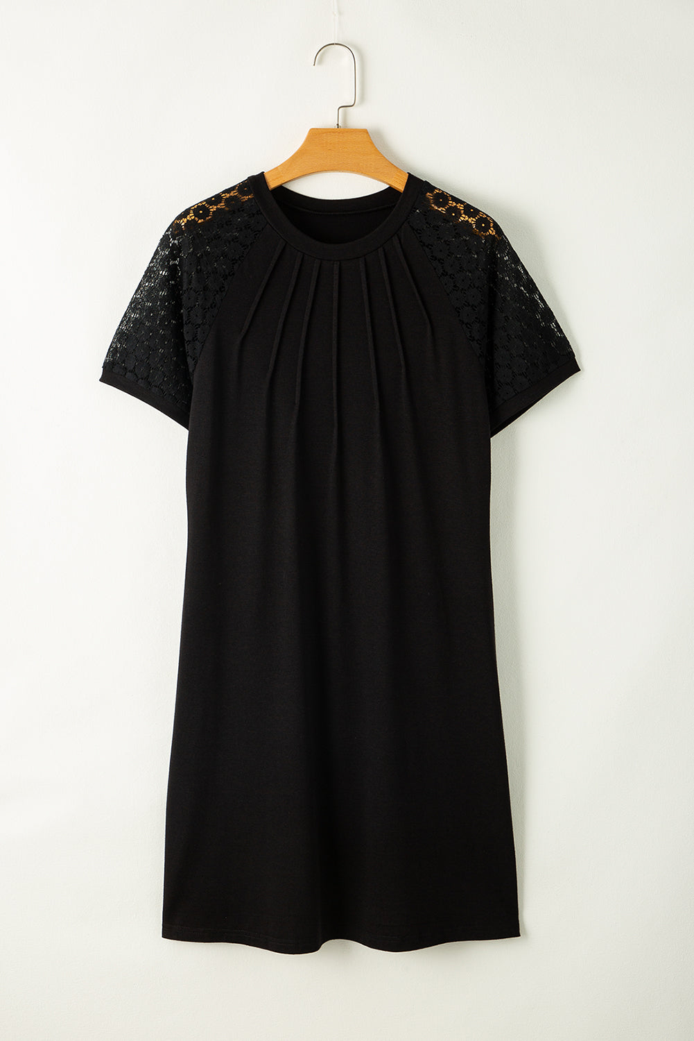 Black Contrast Lace Raglan Sleeve Pleated Detail Shift Dress T Shirt Dresses JT's Designer Fashion