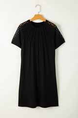 Black Contrast Lace Raglan Sleeve Pleated Detail Shift Dress T Shirt Dresses JT's Designer Fashion