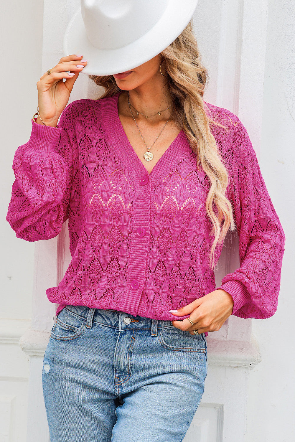 Rose Lightweight Buttoned Front Crochet Cardigan Cardigans JT's Designer Fashion