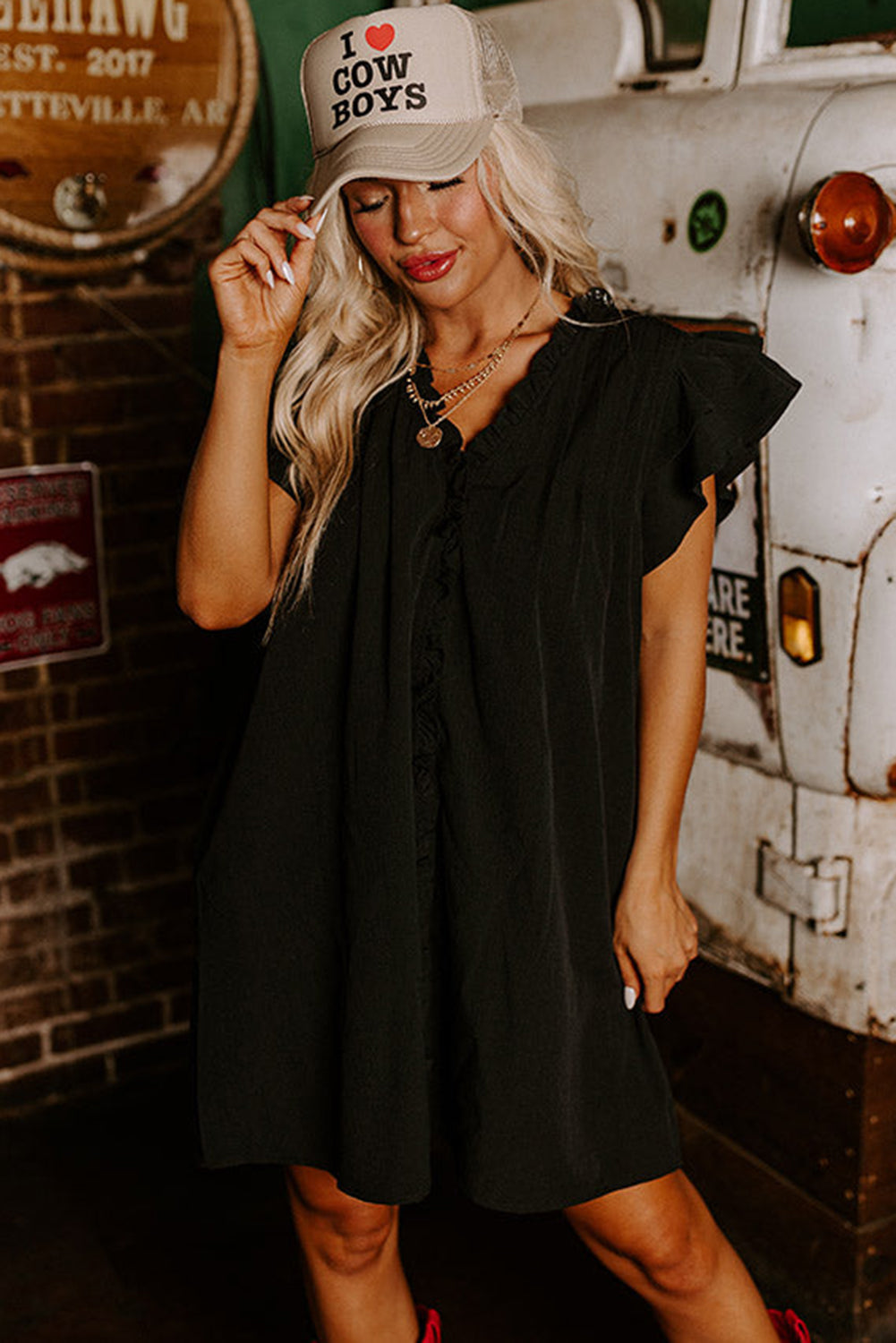 Black Ruffle Sleeve V Neck Frilled Shift Dress Mini Dresses JT's Designer Fashion