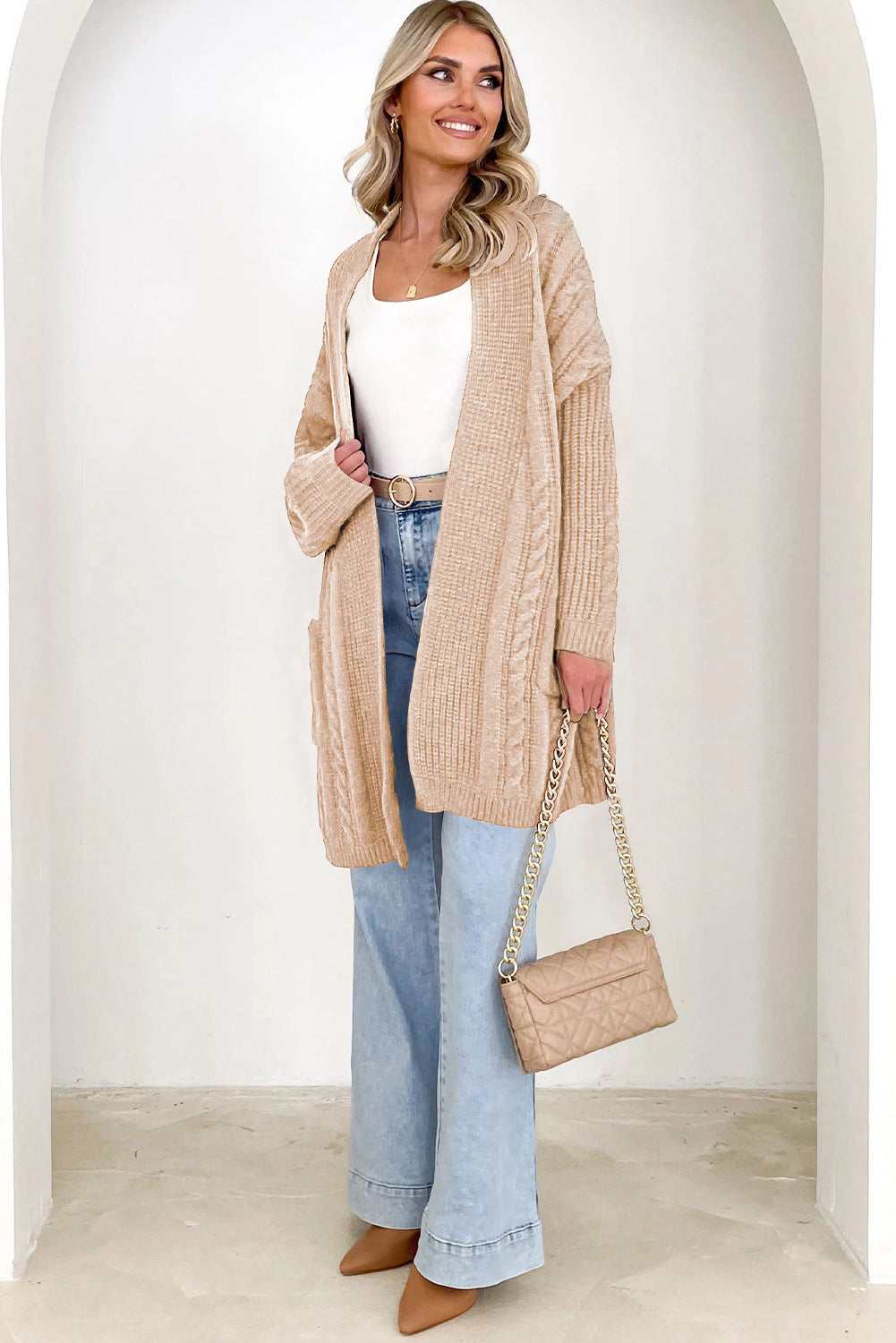 Parchment Oversize Chunky Cable Knit Open Front Midi-length Cardigan Cardigans JT's Designer Fashion