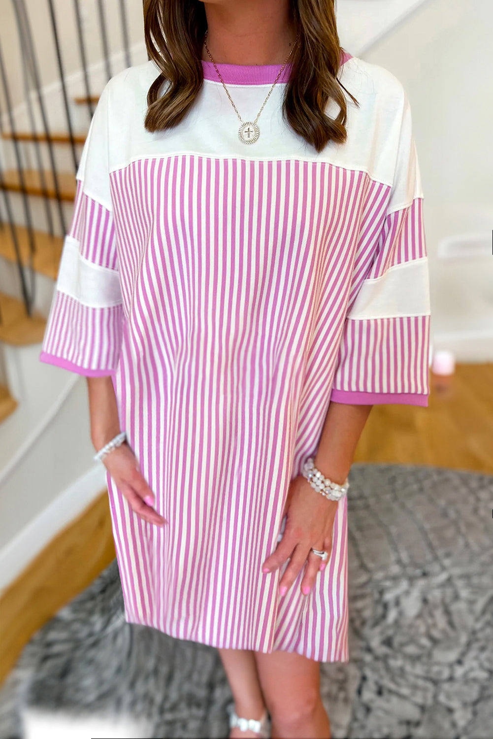 Phalaenopsis Striped Patchwork Three Quarters Sleeve Loose Mini Dress Mini Dresses JT's Designer Fashion