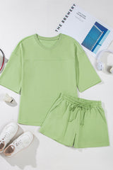 Meadow Mist Green Solid Loose V Neck Half Sleeve Tee and Shorts Short Sets JT's Designer Fashion