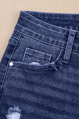 Real Teal Folded Cuffs Distressed Straight High Waist Jeans Jeans JT's Designer Fashion