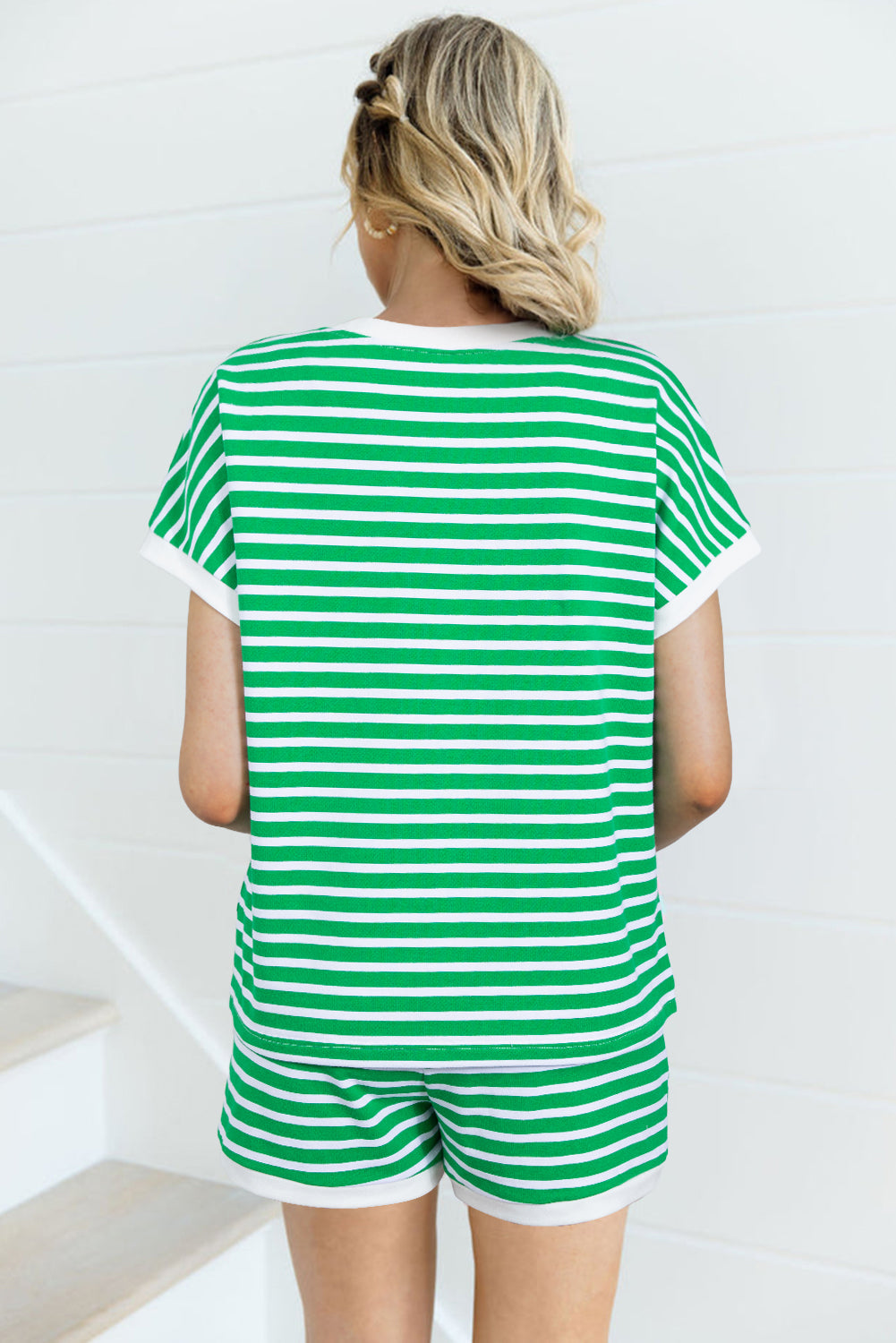 Dark Green Striped Cap Sleeve Tee and Shorts Set Short Sets JT's Designer Fashion