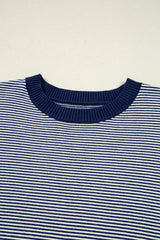 Blue Stripe Color Block Patchwork Dolman Oversize Tunic Sweater Sweaters JT's Designer Fashion
