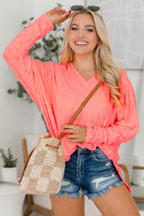 Apricot Pink Oversized Floral Jacquard V Neck Long Sleeve Top Long Sleeve Tops JT's Designer Fashion