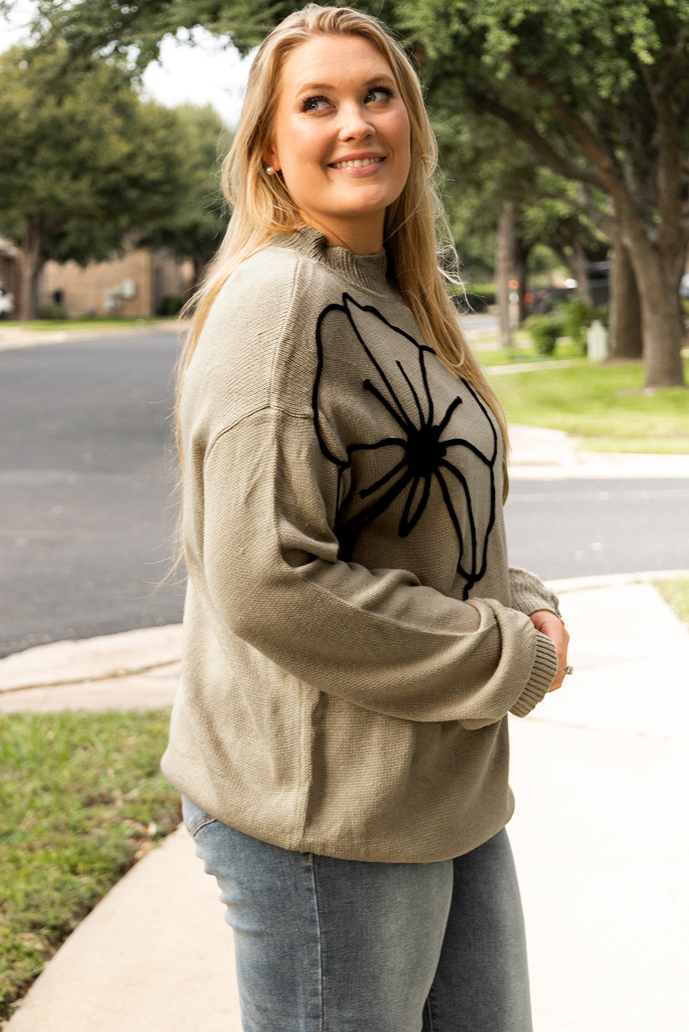 Dark Khaki Plus Size Big Flower Pattern High Neck Drop Shoulder Sweater Plus Size Sweaters & Cardigans JT's Designer Fashion