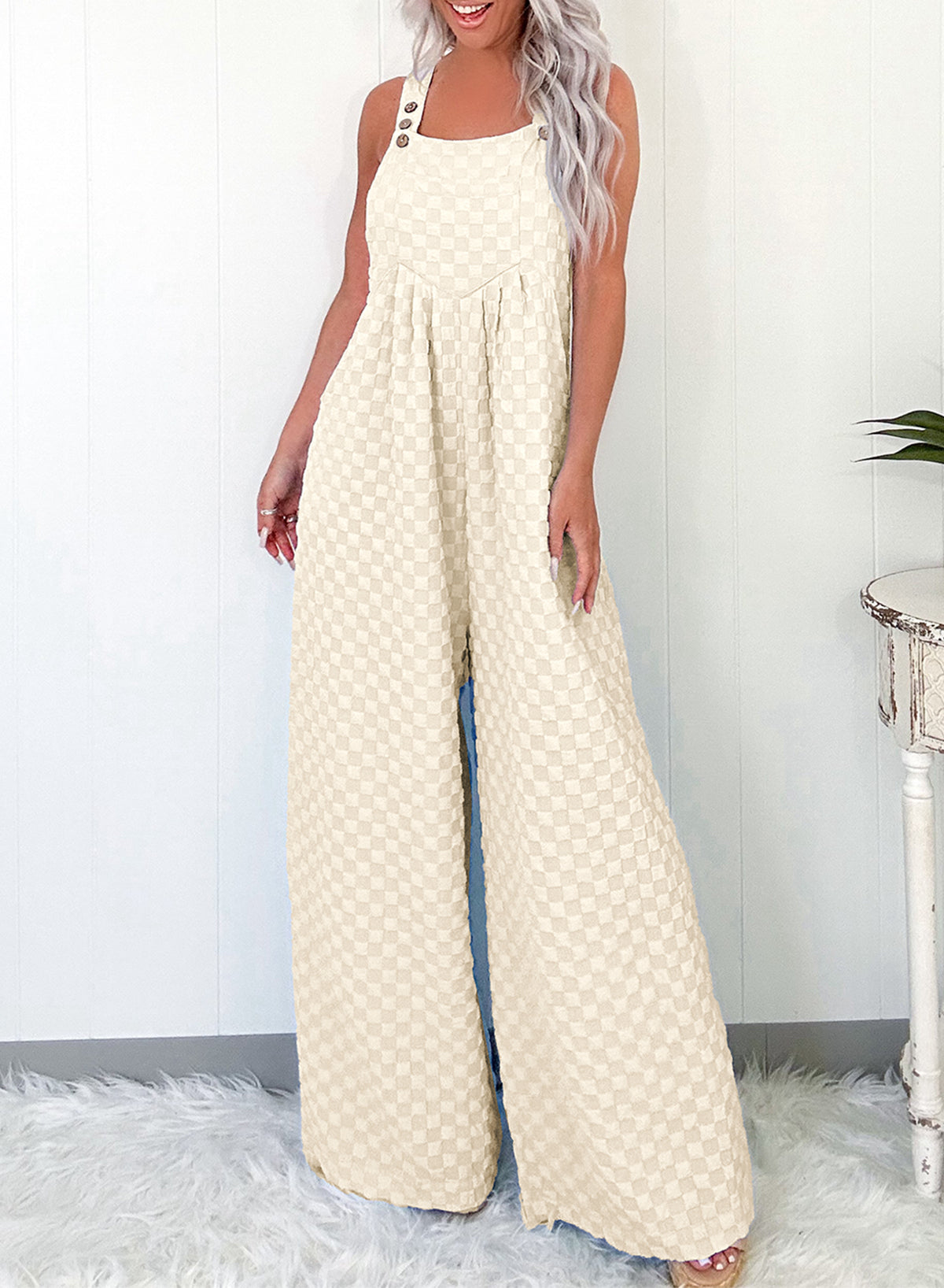 Beige Checkered Pocketed High Waist Wide Leg Overall Jumpsuits & Rompers JT's Designer Fashion