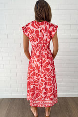 Red Boho Floral Short Sleeve V Neck Buttoned Shirred Waist Long Dress Floral Dresses JT's Designer Fashion