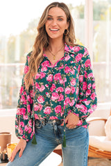 Green Floral Printed Tied Collar Puff Sleeve Blouse Green 100%Polyester Blouses & Shirts JT's Designer Fashion