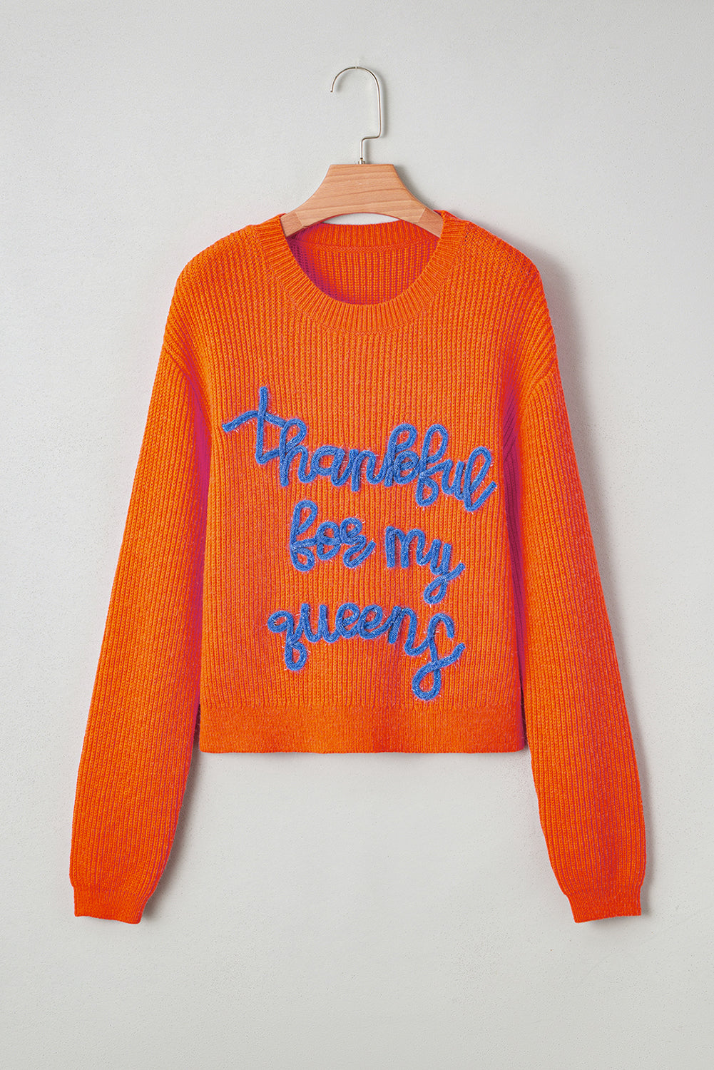 Vitality Orange Thankful for my queens Ribbed Knit Drop Shoulder Graphic Sweater Sweaters JT's Designer Fashion