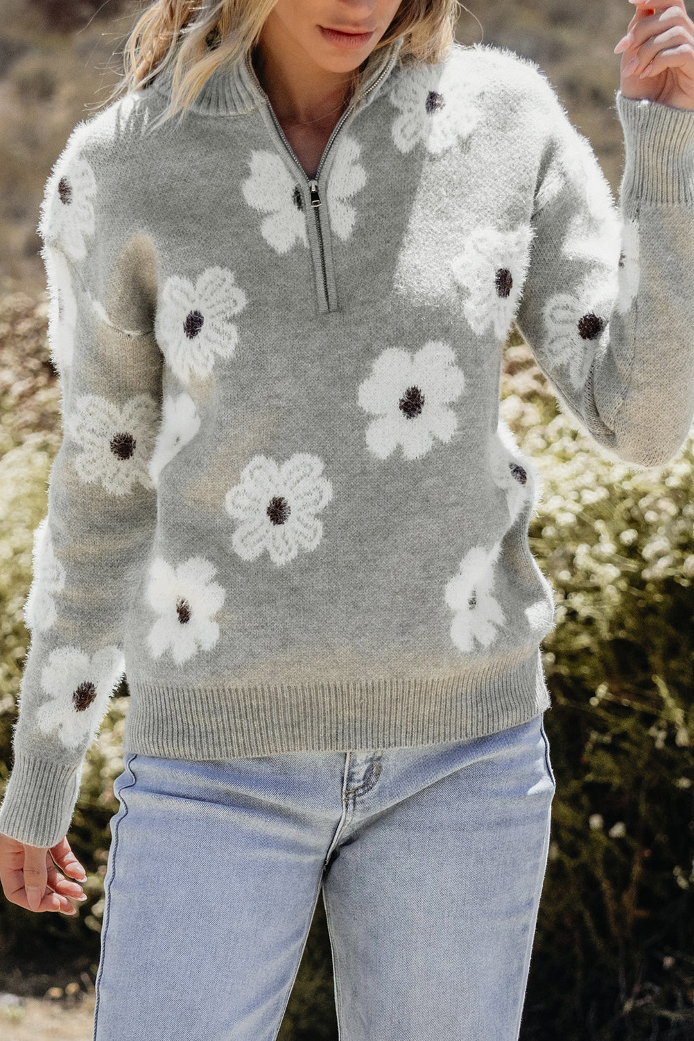 Gray Floral Pattern Half Zip Drop Shoulder Sweater Sweaters JT's Designer Fashion