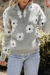 Gray Floral Pattern Half Zip Drop Shoulder Sweater Sweaters JT's Designer Fashion