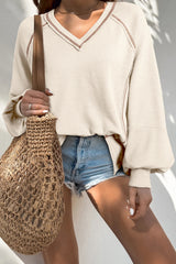 Beige Exposed Seam Textured Knit V Neck Pullover Top Long Sleeve Tops JT's Designer Fashion