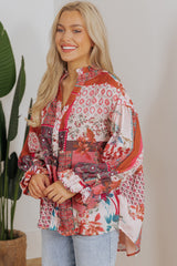 Red Boho Geometric Mixed Print Patchwork Bubble Sleeve Shirt Blouses & Shirts JT's Designer Fashion