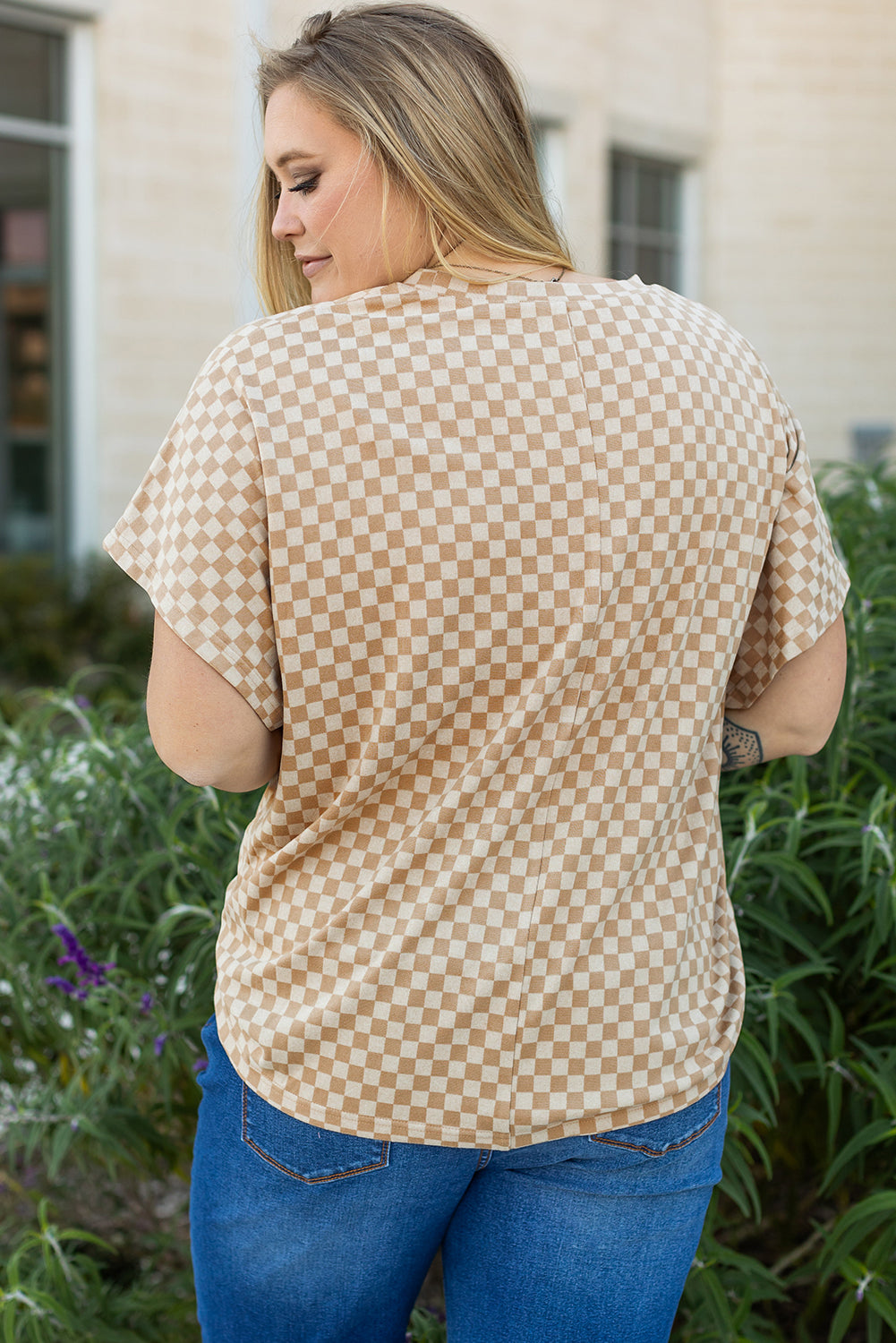 Khaki Checkerboard Short Batwing Sleeve Round Neck Plus Size T Shirt Plus Size Tops & Tees JT's Designer Fashion