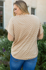 Khaki Checkerboard Short Batwing Sleeve Round Neck Plus Size T Shirt Plus Size Tops & Tees JT's Designer Fashion