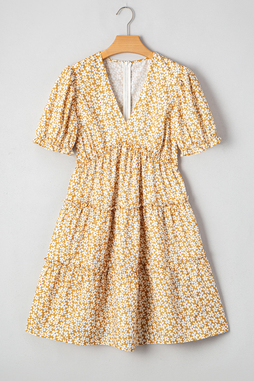 Yellow Floral Short Sleeve V Neck Frilly Tiered Mini Dress Floral Dresses JT's Designer Fashion