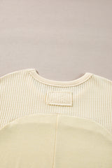 Beige Thermal Knit Patchwork Exposed Seam Long Sleeve Top Long Sleeve Tops JT's Designer Fashion