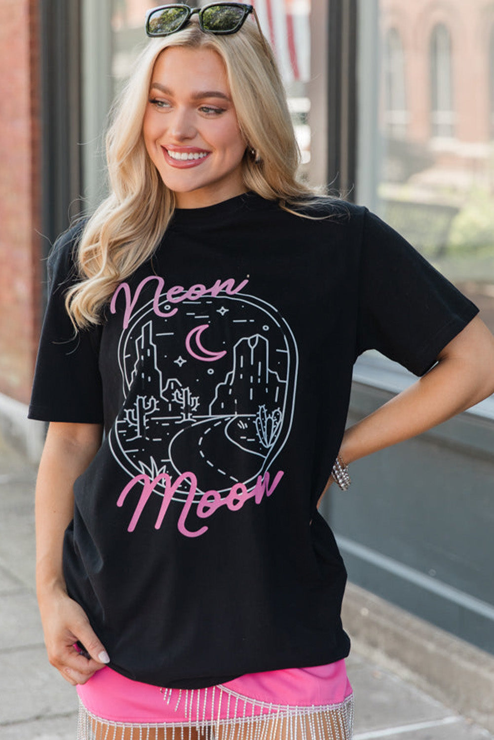 Black neon moon Letter Graphic Short Sleeve Top Graphic Tees JT's Designer Fashion