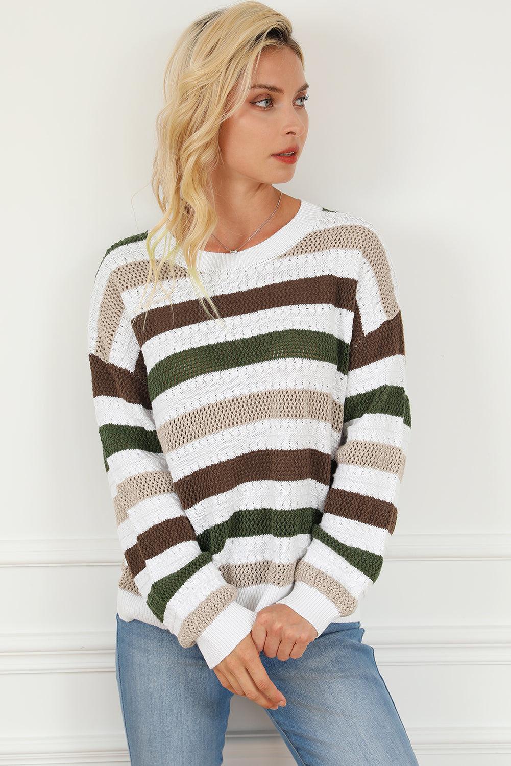 Stripe Crochet Hollow out Knit Sweater Sweaters & Cardigans JT's Designer Fashion