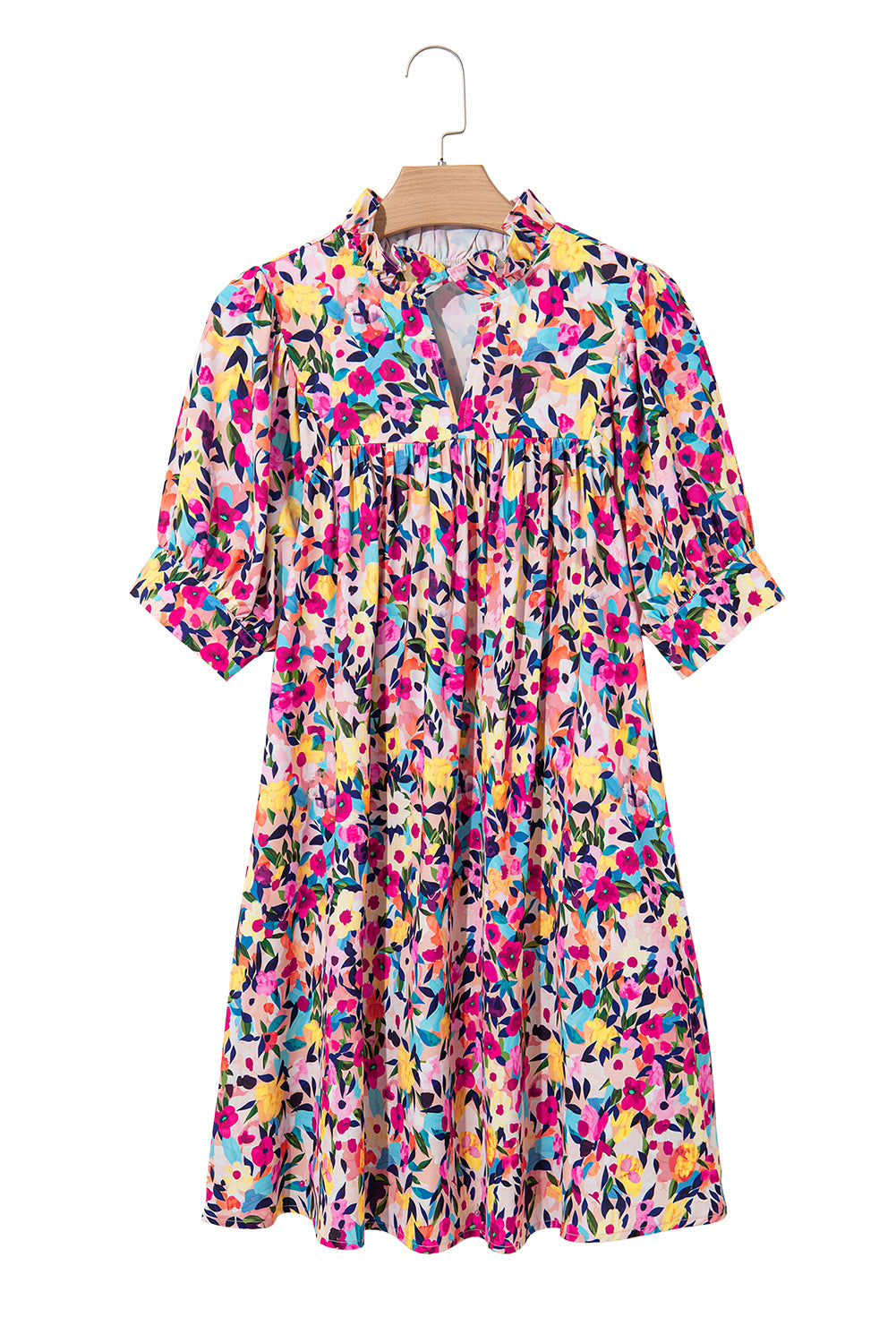 Pink Floral Puff Short Sleeve V Neck Mini Dress Floral Dresses JT's Designer Fashion