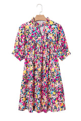 Pink Floral Puff Short Sleeve V Neck Mini Dress Floral Dresses JT's Designer Fashion