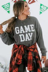 Dark Grey Corded GAME DAY Graphic Long Sleeve Crewneck Top Long Sleeve Tops JT's Designer Fashion