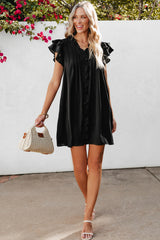 Black Ruffle Sleeve V Neck Frilled Shift Dress Mini Dresses JT's Designer Fashion
