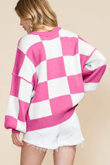Rose Checkered Bishop Sleeve Sweater Sweaters JT's Designer Fashion