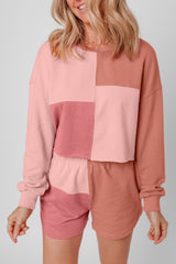 Peach Blossom Colorblock Patchwork Long Sleeve Shorts Outfit Short Sets JT's Designer Fashion