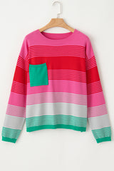 Rose Striped Knit Patch Pocket Drop Shoulder Sweater Sweaters JT's Designer Fashion