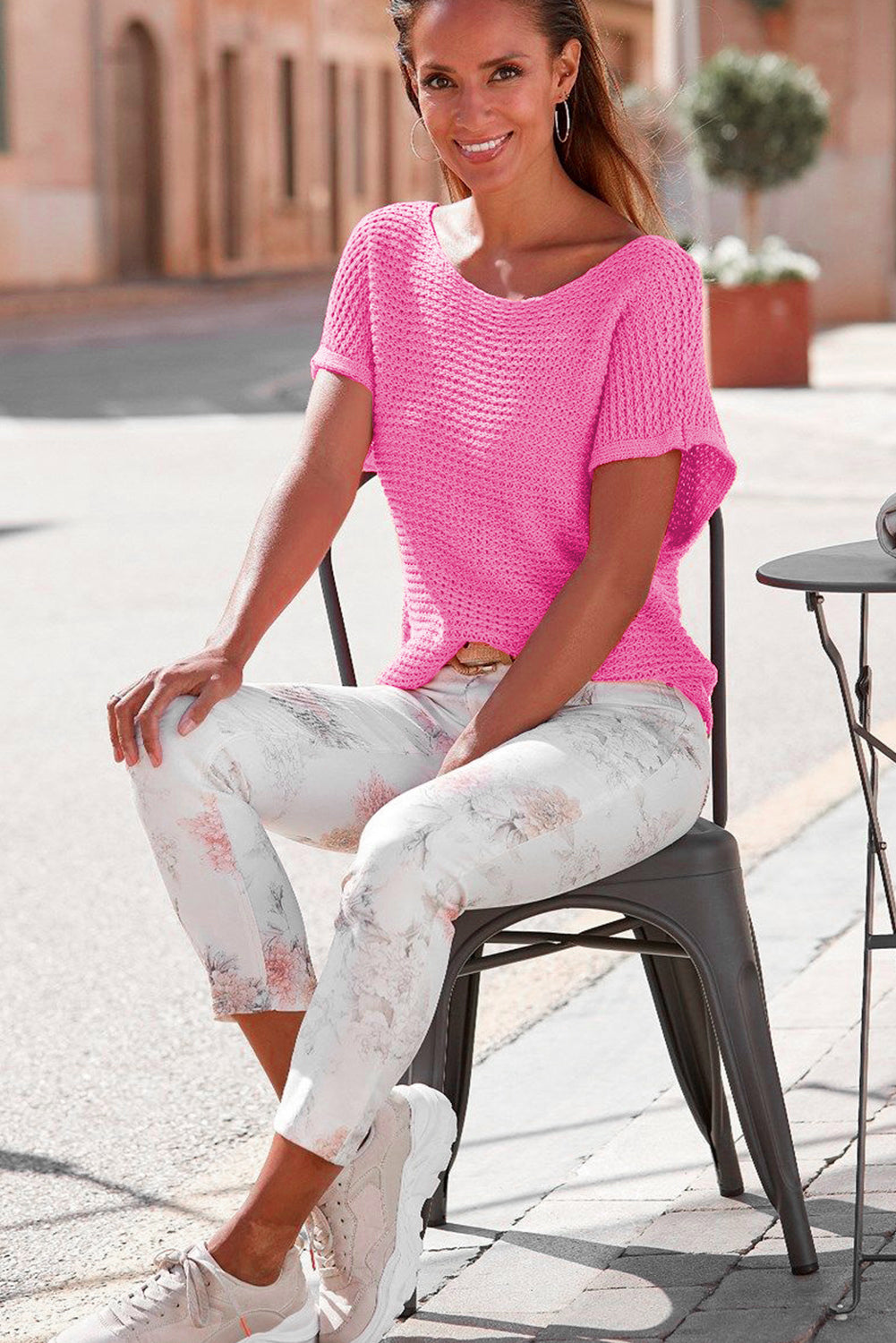 Pink Solid Loose Knit Short Dolman Sleeve Sweater Sweaters & Cardigans JT's Designer Fashion