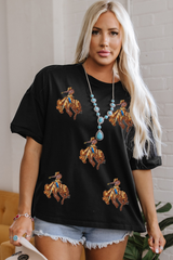 Black Western Horse Patched Crew Neck Graphic T Shirt Graphic Tees JT's Designer Fashion