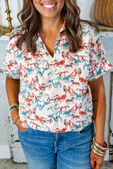 White Horse Galloping Allover Print Split Neck Plus Size Blouse Plus Size Blouses & Shirts JT's Designer Fashion