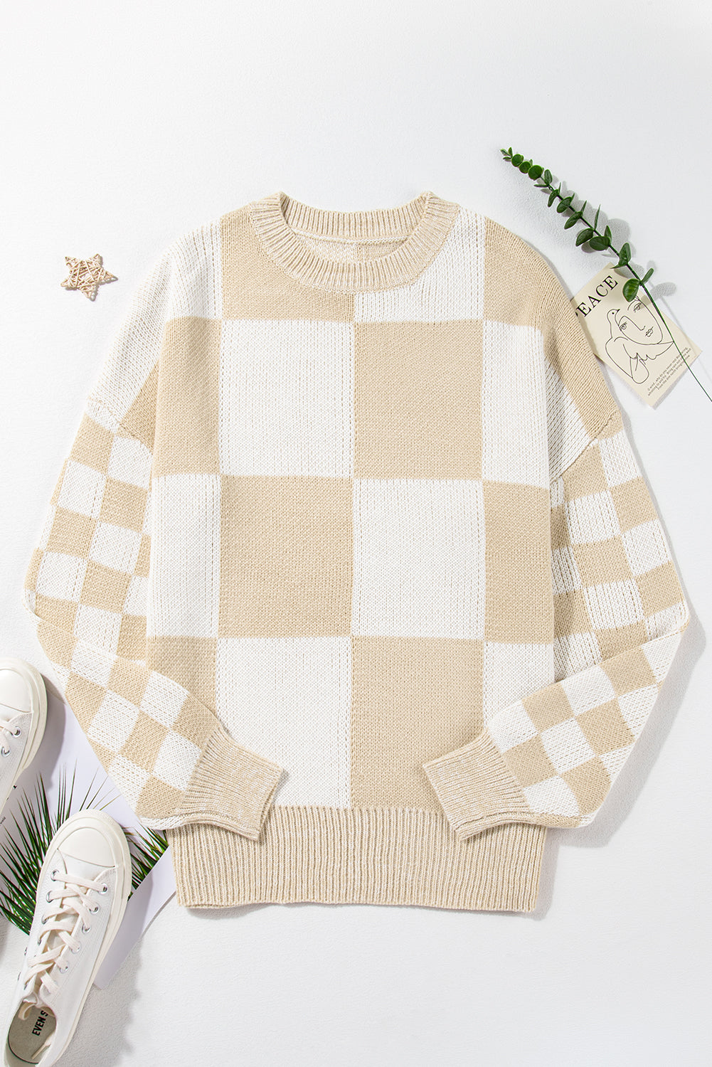 Flaxen Checkered Print Drop Shoulder Sweater Sweaters JT's Designer Fashion