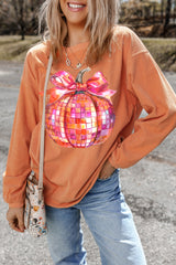 Orange Bow Pumpkin Graphic Crewneck Corded Thanksgiving Sweatshirt Graphic Sweatshirts JT's Designer Fashion