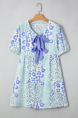 Sky Blue Leopard Contrast Bow Puff Sleeve Mini Dress Mini Dresses JT's Designer Fashion