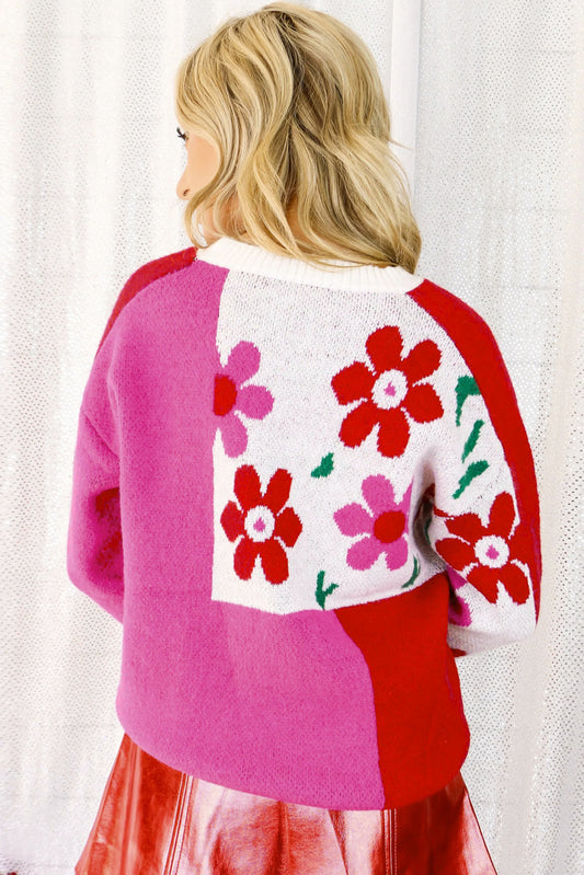 Rose Red Floral Mixed Color Block Sweater Sweaters & Cardigans JT's Designer Fashion