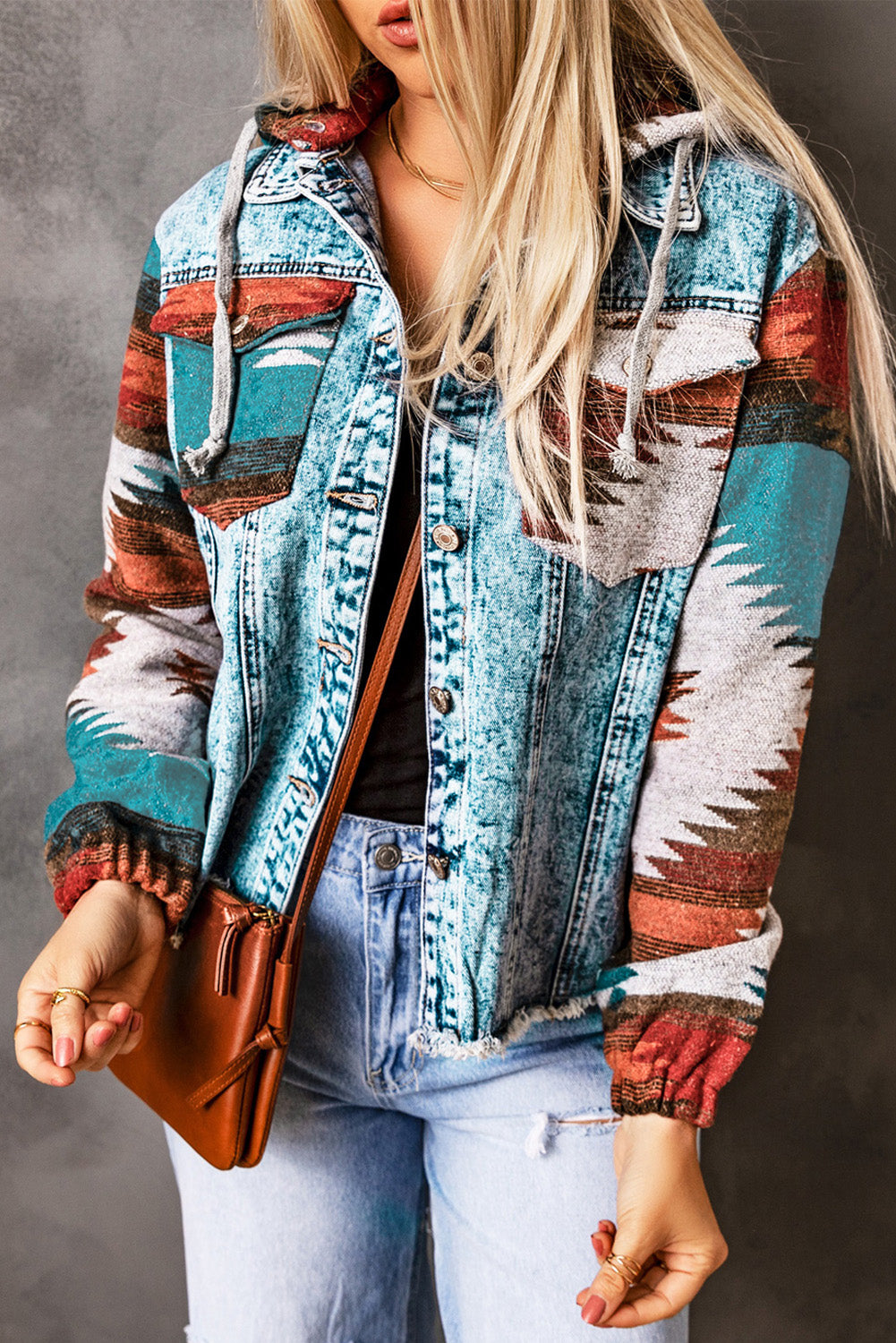 Multicolor Aztec Print Frayed Hem Denim Jacket Denim Jackets JT's Designer Fashion
