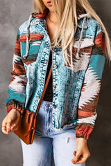 Multicolor Aztec Print Frayed Hem Denim Jacket Denim Jackets JT's Designer Fashion