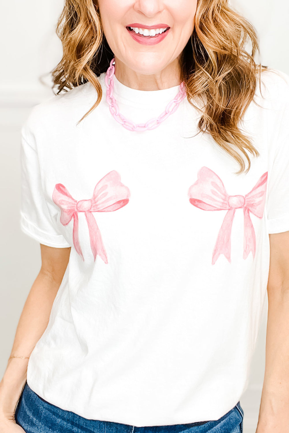 White Sweet Bow Knot Print O Neck Casual T Shirt Graphic Tees JT's Designer Fashion