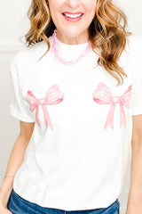 White Sweet Bow Knot Print O Neck Casual T Shirt Graphic Tees JT's Designer Fashion