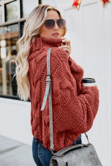 Fiery Red Cuddle Weather Cable Knit Handmade Turtleneck Sweater Sweaters JT's Designer Fashion