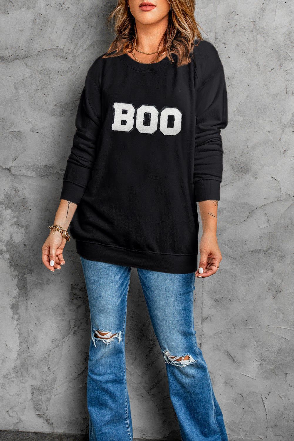 Black Chenille BOO Patched Pattern Crewneck Halloween Sweatshirt Graphic Sweatshirts JT's Designer Fashion