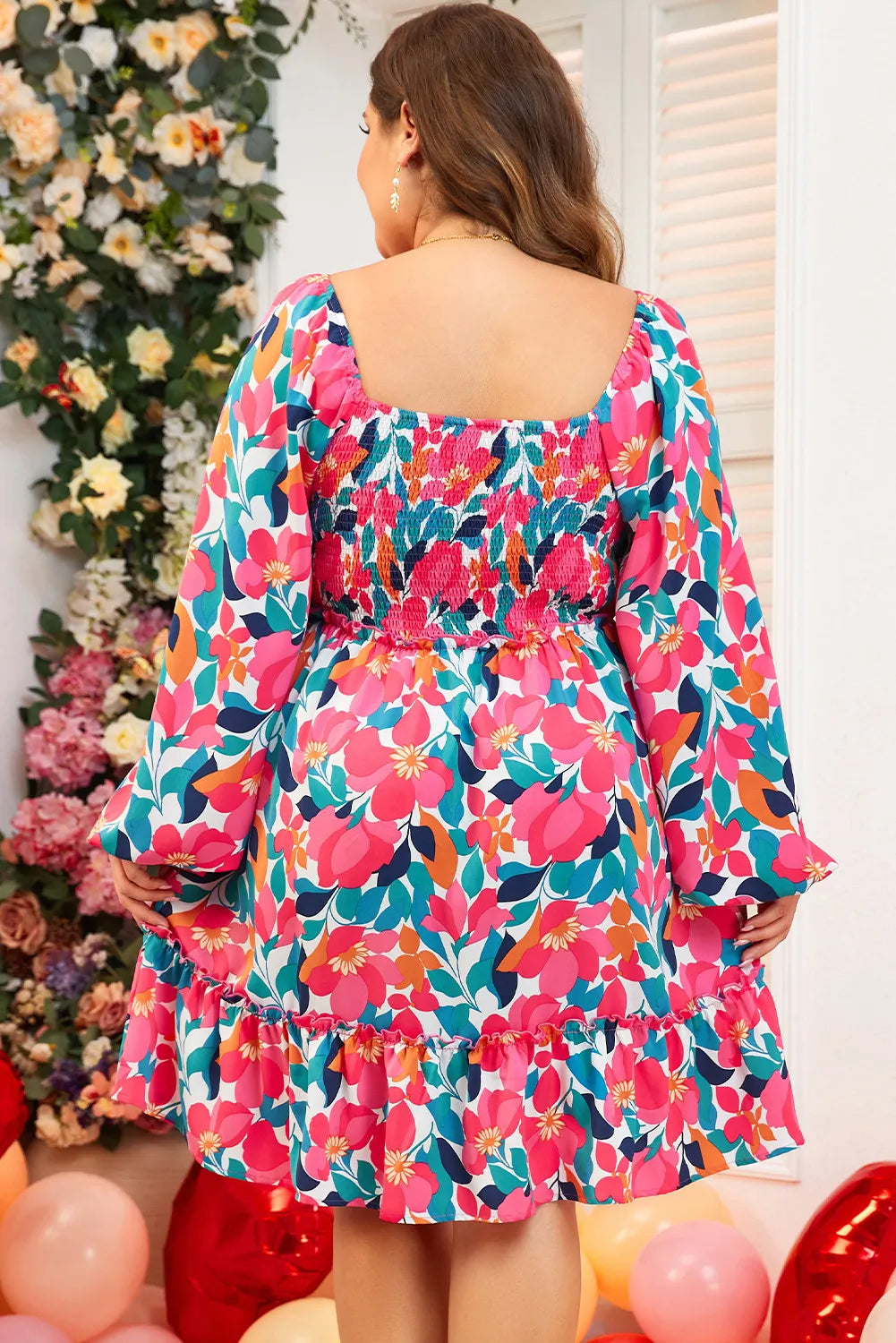 Plus Size Smocked Floral Square Neck Balloon Sleeve Dress Mini Dresses JT's Designer Fashion