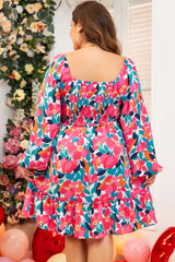 Plus Size Smocked Floral Square Neck Balloon Sleeve Dress Mini Dresses JT's Designer Fashion