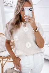Beige Flower Pattern Short Sleeve Knit Sweater Sweaters & Cardigans JT's Designer Fashion
